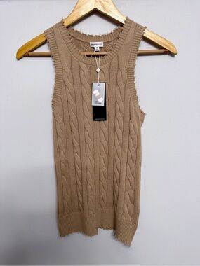 Minnie Rose Stone Washed Distressed Cable Knit Sleeveless Sweater NWT